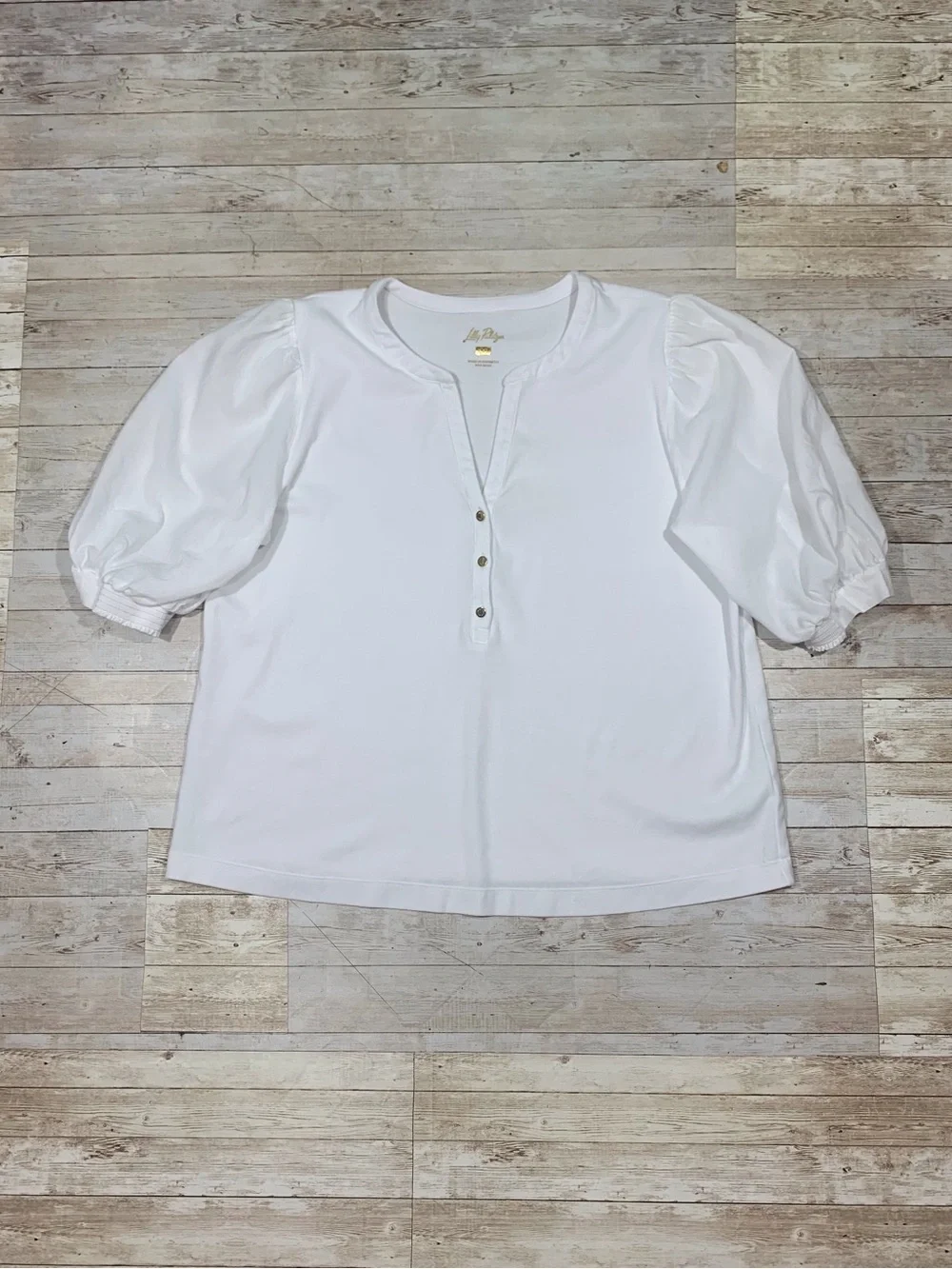 Lilly Pulitzer Ronson Knit V Neck Top Short Sleeve Puff Sleeve White Size XXL